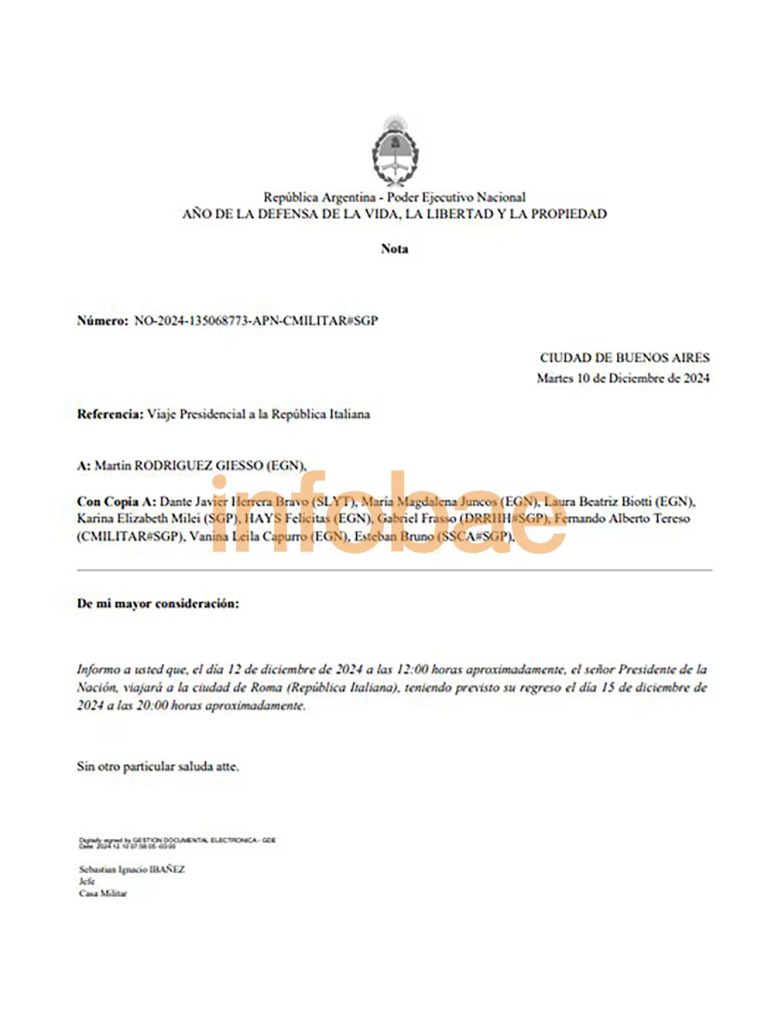 Confirmaron que Villarruel había sido notificada dos días antes de que Milei viajaba a Italia el jueves al mediodía